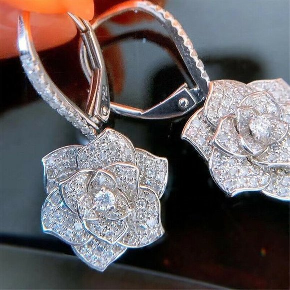 New Gorgeous 925 Silver Diamond Flower Drop Earrings - Picture 3 of 4